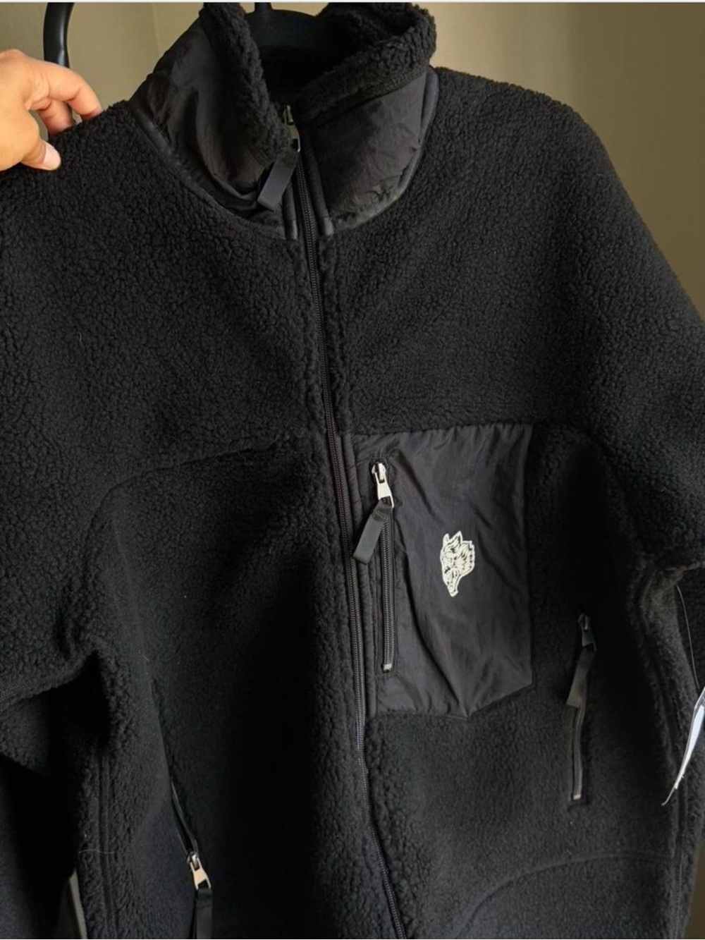 Black Sherpa Fleece Jacket with Chest Pocket